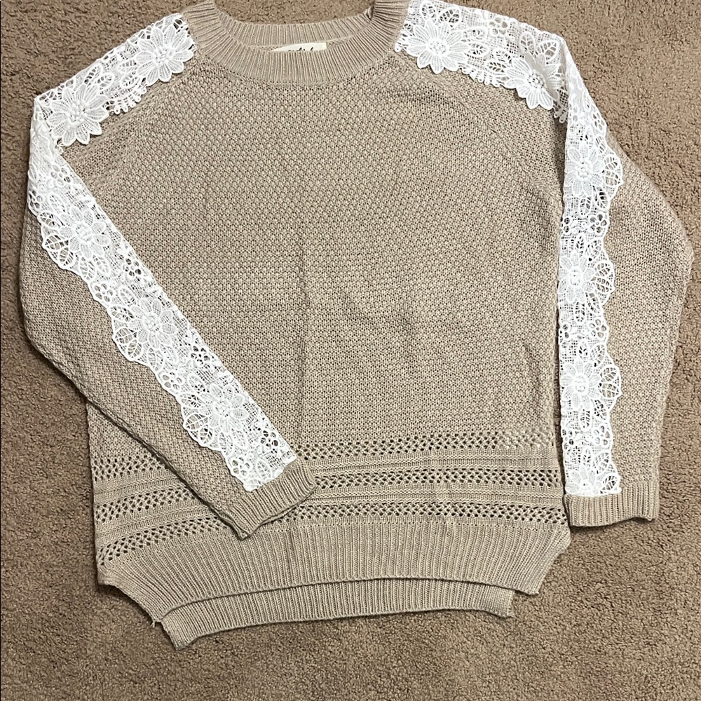 Listicle Taupe Sweater with White Lace Accents